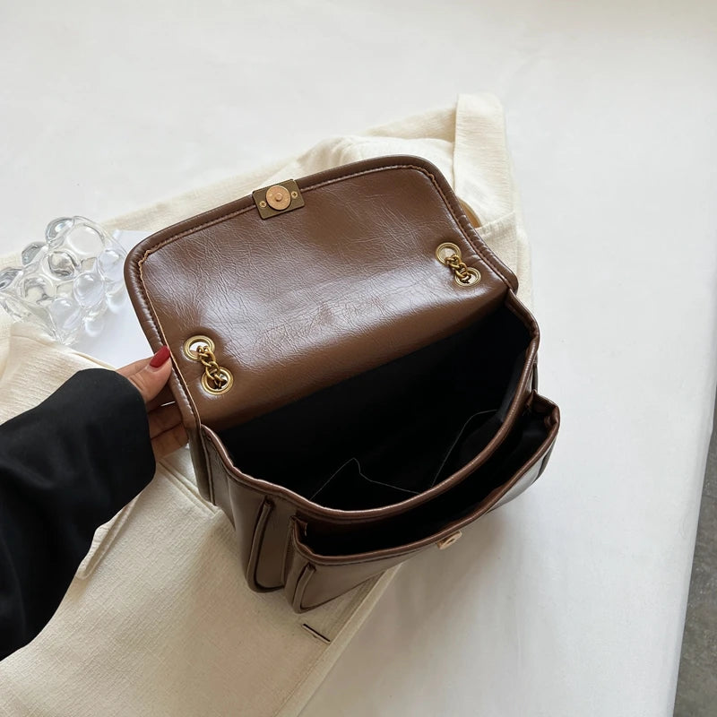 Vintage Leather Chains Shoulder Bag for Women Armpit Handbag