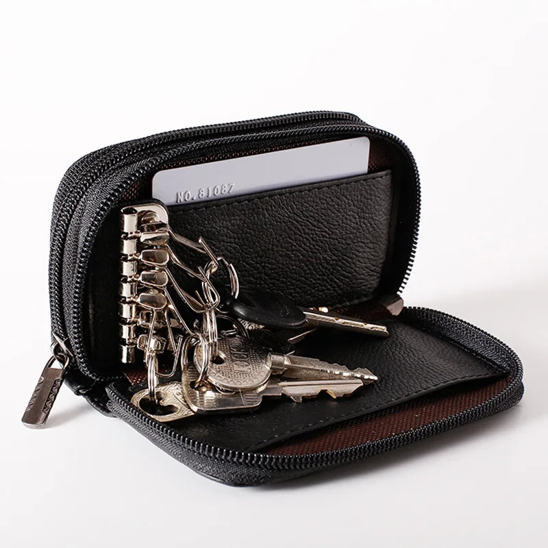 Vintage Cow Leather Key Holder for Men Brown Zipper Key Holder