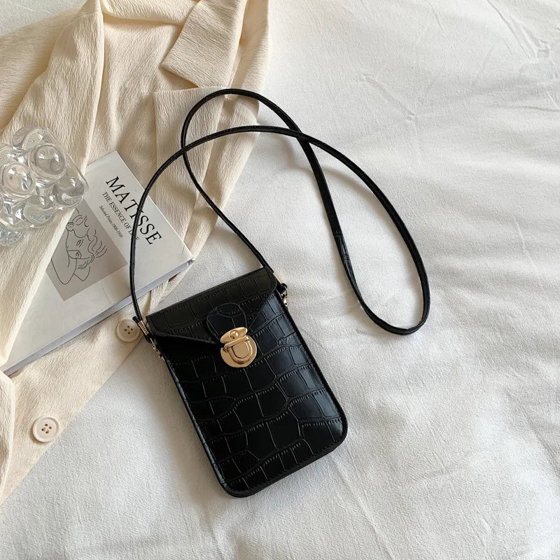 Vintage Croc Grain Crossbody Cell Phone Shoulder Bags Women Messenger Solid