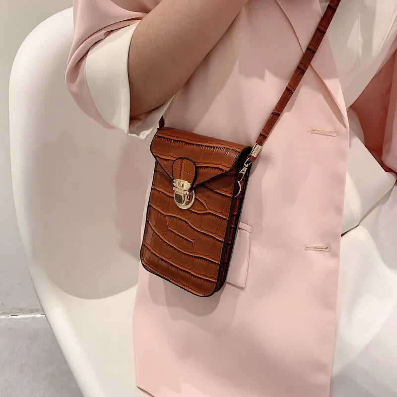 Vintage Croc Grain Crossbody Cell Phone Shoulder Bags Women Messenger Solid