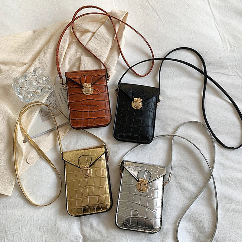 Vintage Croc Grain Crossbody Cell Phone Shoulder Bags Women Messenger Solid