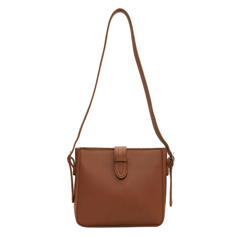 Vintage Brown Leather Crossbody Bucket Bag Zipper Pocket