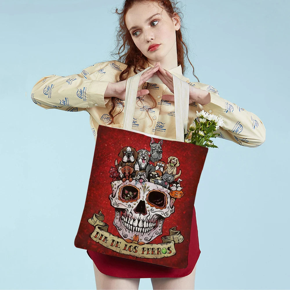 Vintage of the Dead Women Shopping Shoulder Bag Reusable Cartoon Skull Flower
