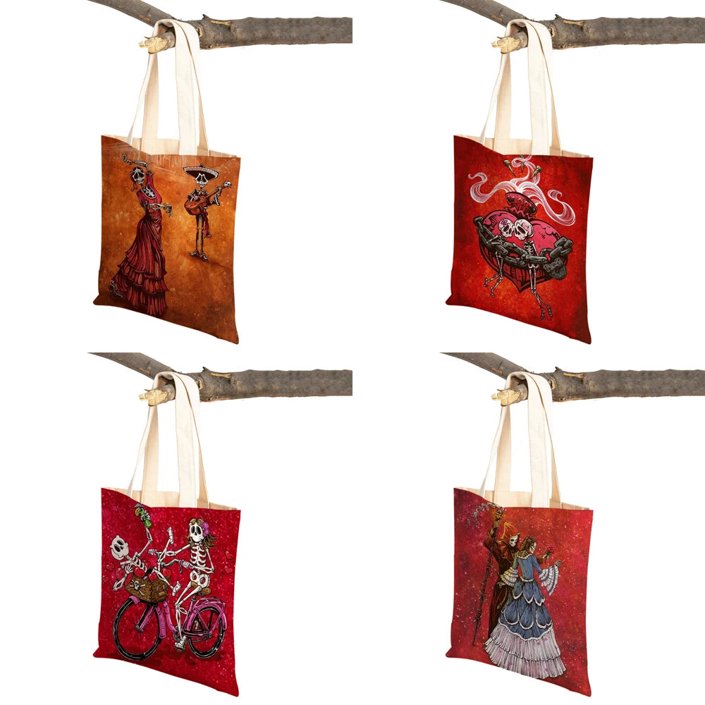 Vintage of the Dead Women Shopping Shoulder Bag Reusable Cartoon Skull Flower