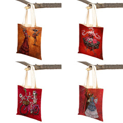 Vintage of the Dead Women Shopping Shoulder Bag Reusable Cartoon Skull Flower