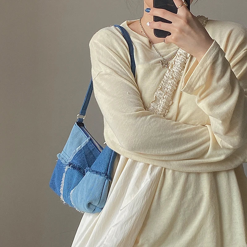 Vintage Denim Stitching Women Underarm Bag Ladies Large Shoulder Bags