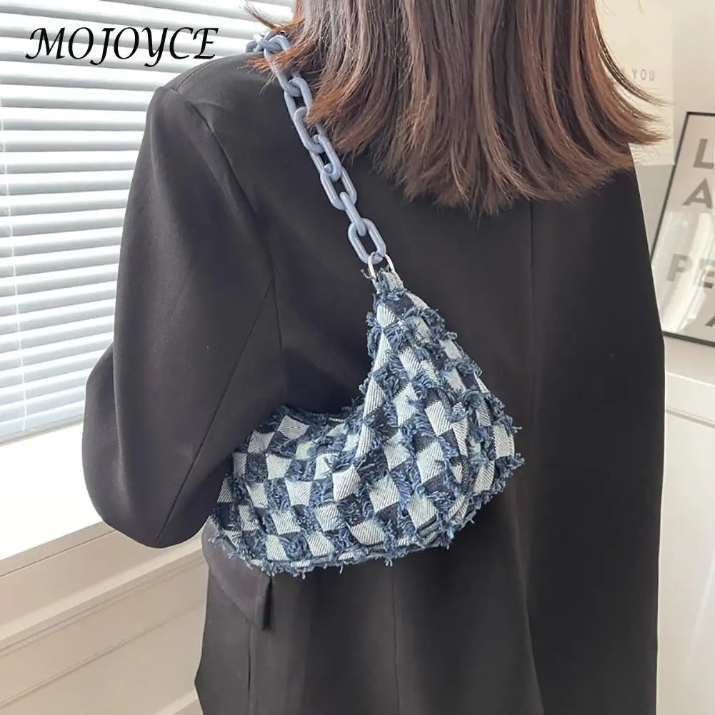 Vintage Denim Shoulder Bag Checked Handbag Tote Chain Underarm Purse