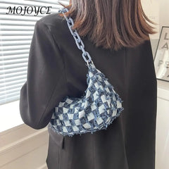 Vintage Denim Shoulder Bag Checked Handbag Tote Chain Underarm Purse