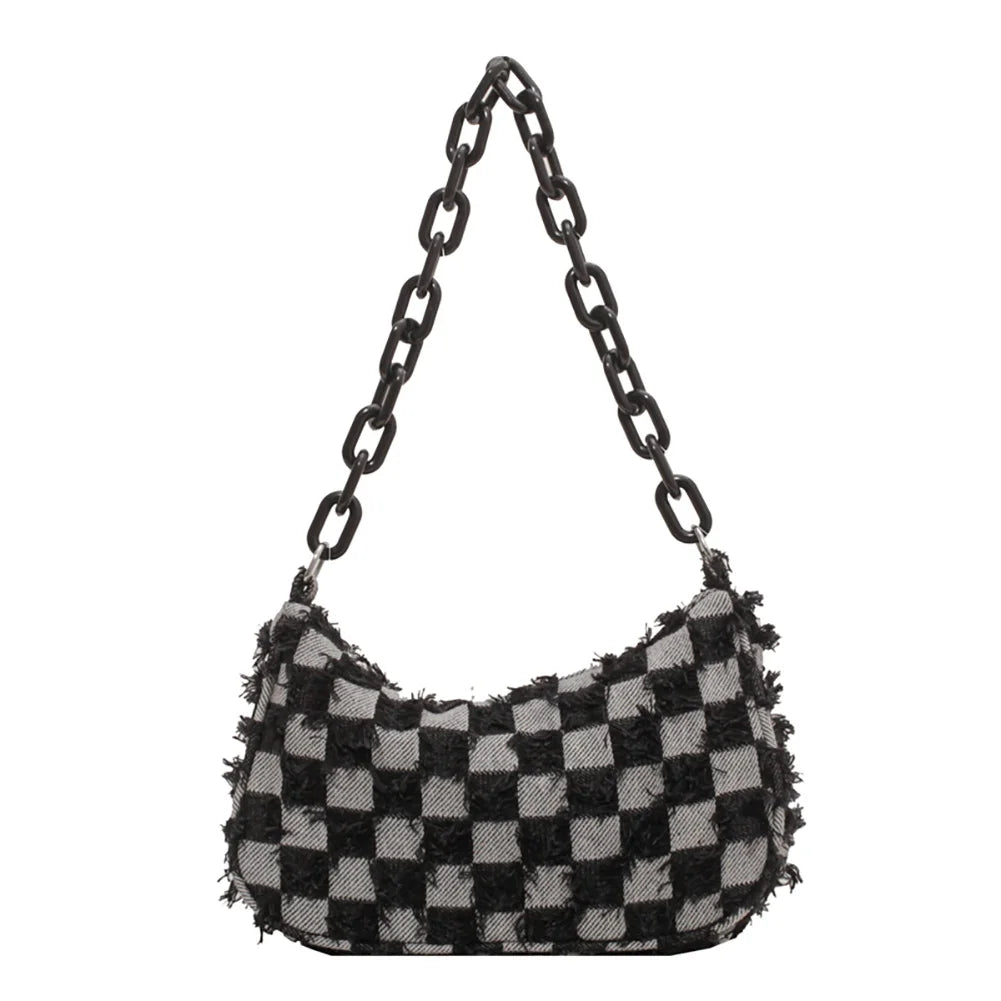 Vintage Denim Small Shoulder Bag Acrylic Chain Underarm Purse