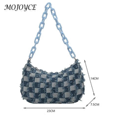 Vintage Denim Shoulder Bag Checked Handbag Tote Chain Underarm Purse