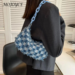 Vintage Denim Shoulder Bag Checked Handbag Tote Chain Underarm Purse