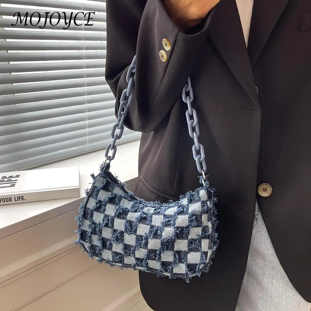 Vintage Denim Shoulder Bag Checked Handbag Tote Chain Underarm Purse