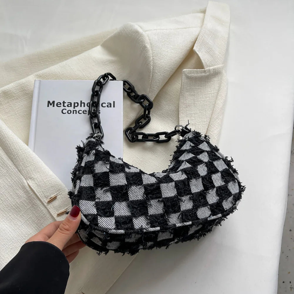 Vintage Denim Shoulder Bag Checked Handbag Tote Chain Underarm Purse
