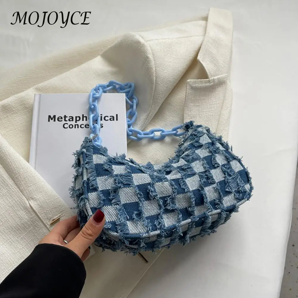 Vintage Denim Shoulder Bag Checked Handbag Tote Chain Underarm Purse