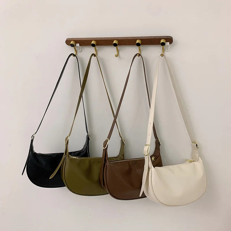 Vintage Leather Crossbody Bag for Women Half Moon Handbag