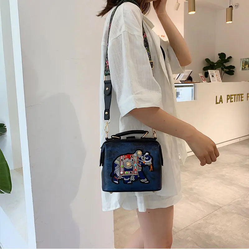 Vintage Elephant Embroidery Tote Bag Women