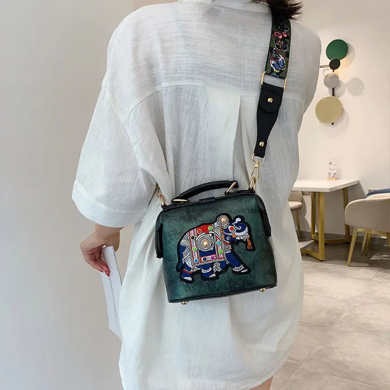 Vintage Elephant Embroidery Tote Bag Women