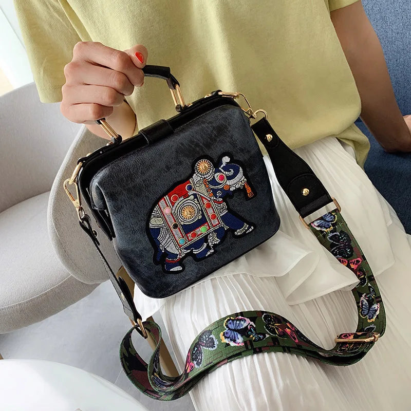Vintage Embroidery Elephant Shoulder Bag Wide Butterfly Strap PU Leather Tote