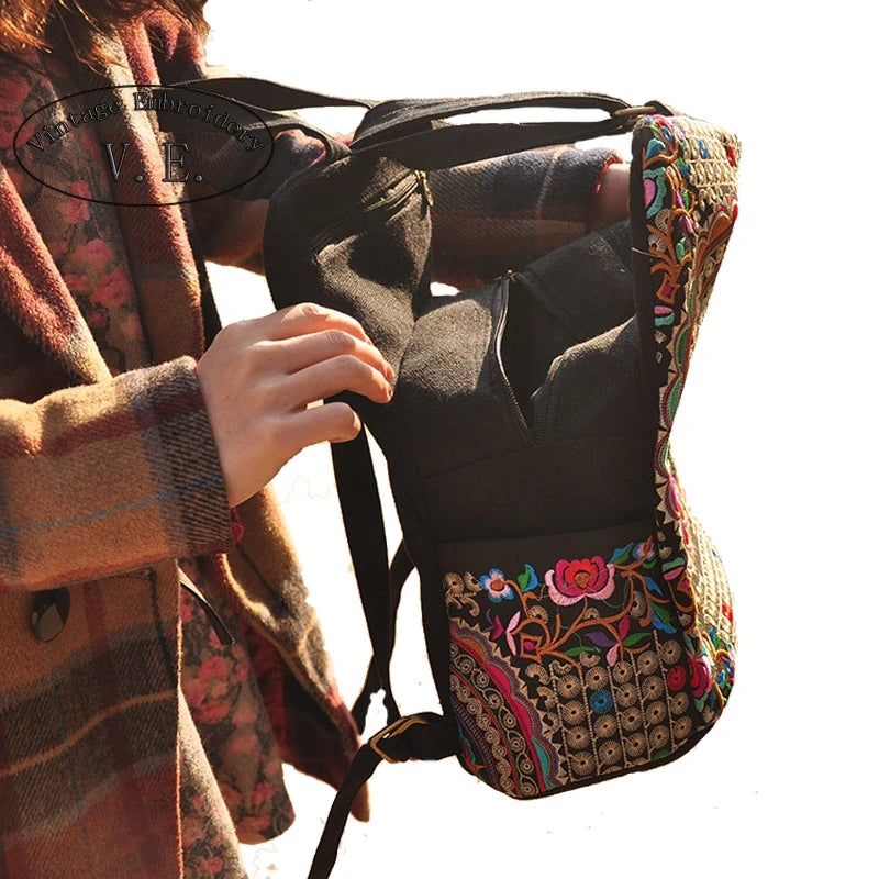 Ethnic Flower Embroidered Canvas Backpack for Women