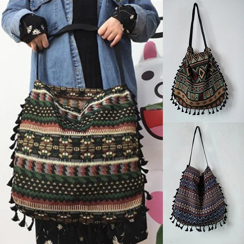 Vintage Ethnic Style Shoulder Bag Tassel Cotton Linen Inner Pocket