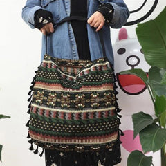 Vintage Ethnic Style Shoulder Bag Tassel Cotton Linen Inner Pocket