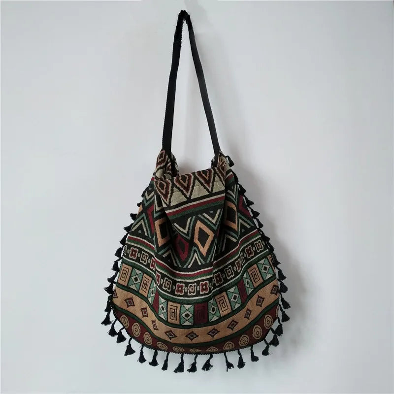 Vintage Ethnic Style Shoulder Bag Tassel Cotton Linen Inner Pocket