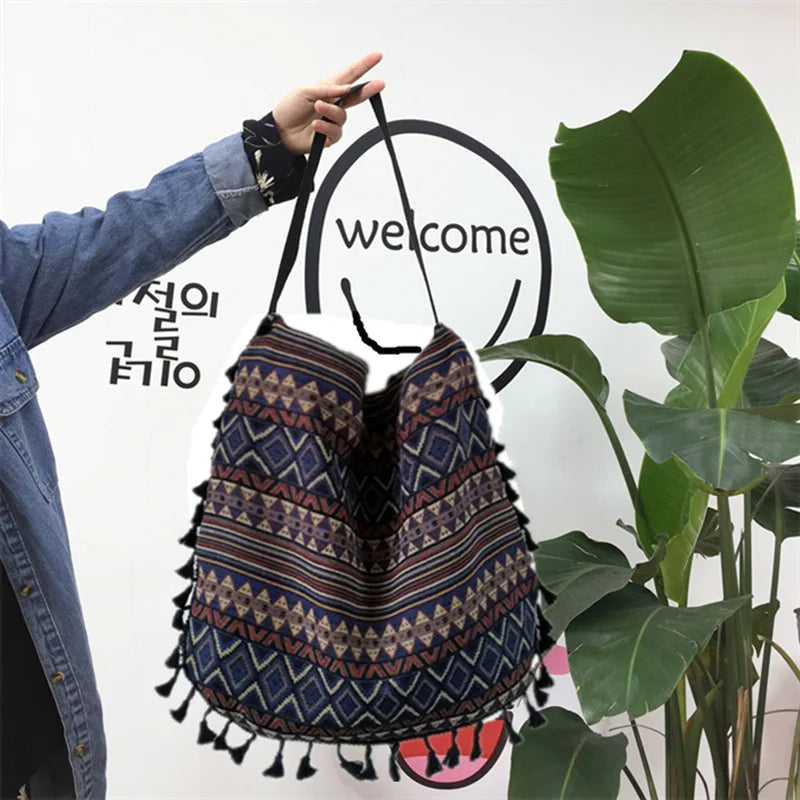 Vintage Ethnic Style Shoulder Bag Tassel Cotton Linen Inner Pocket