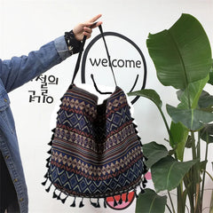 Vintage Ethnic Style Shoulder Bag Tassel Cotton Linen Inner Pocket