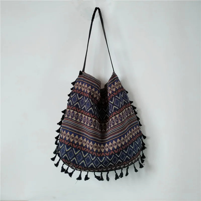 Vintage Ethnic Style Shoulder Bag Tassel Cotton Linen Inner Pocket