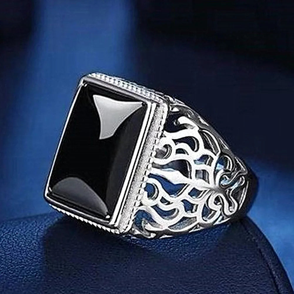 Vintage Square Gemstones Agate Rings for Men Silver Bague