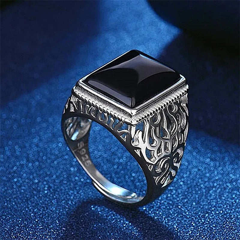 Vintage Square Gemstones Agate Rings for Men Silver Bague