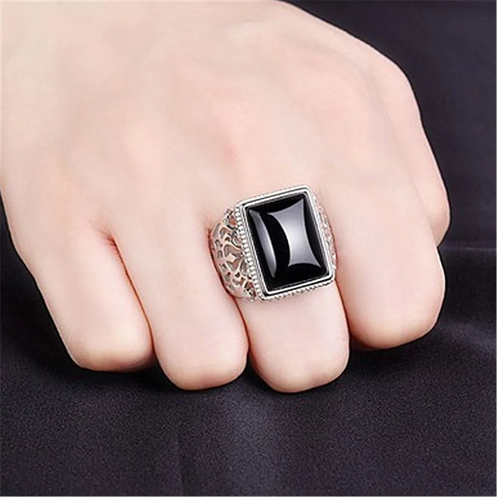 Vintage Square Gemstones Agate Rings for Men Silver Bague