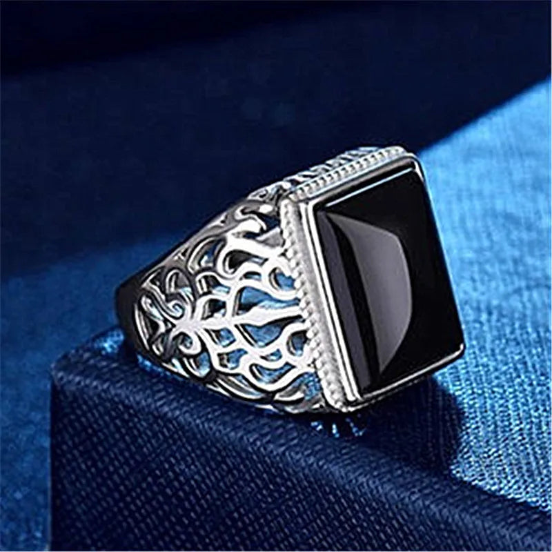 Vintage Square Gemstones Agate Rings for Men Silver Bague
