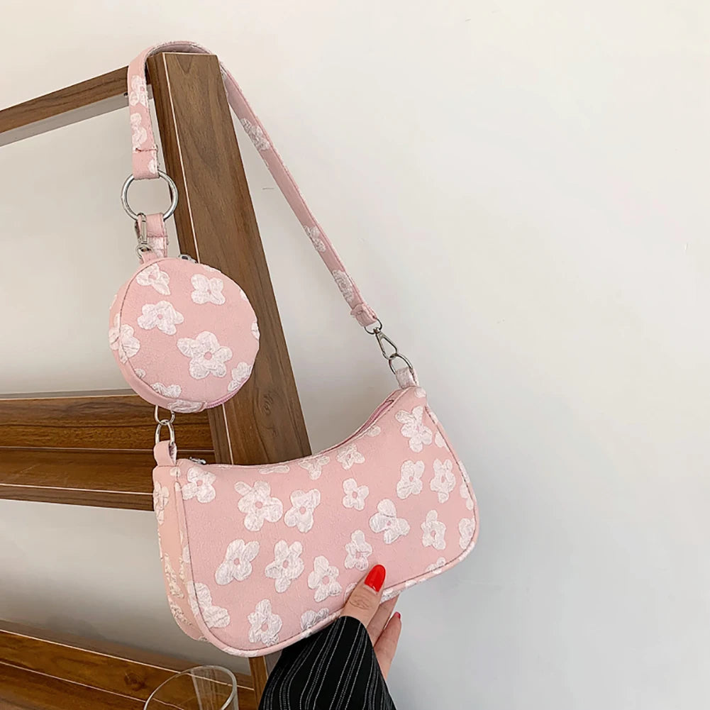 Vintage Flower Print Crossbody Bags with Round Purse Pendant