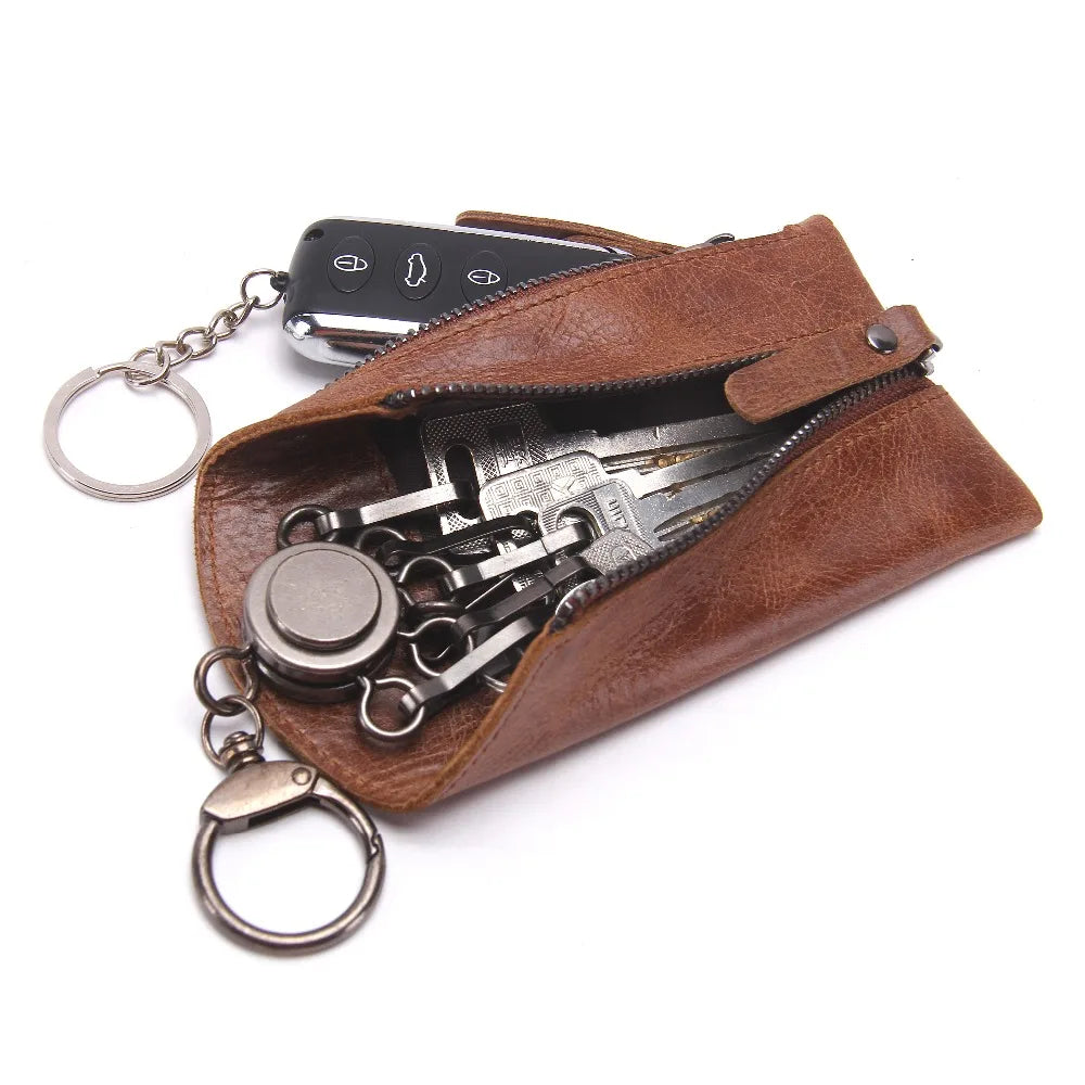 Vintage Leather Key Pouch Key Wallet Zipper Keychain Women Men