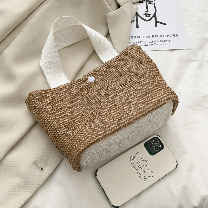 Vintage Hand-woven Women's Straw Handbag PU Stitching Beach Bag