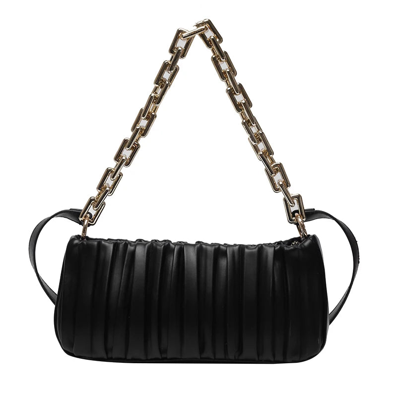 Vintage Thick Chain Shoulder Bag Fold Leather Clutch Purse