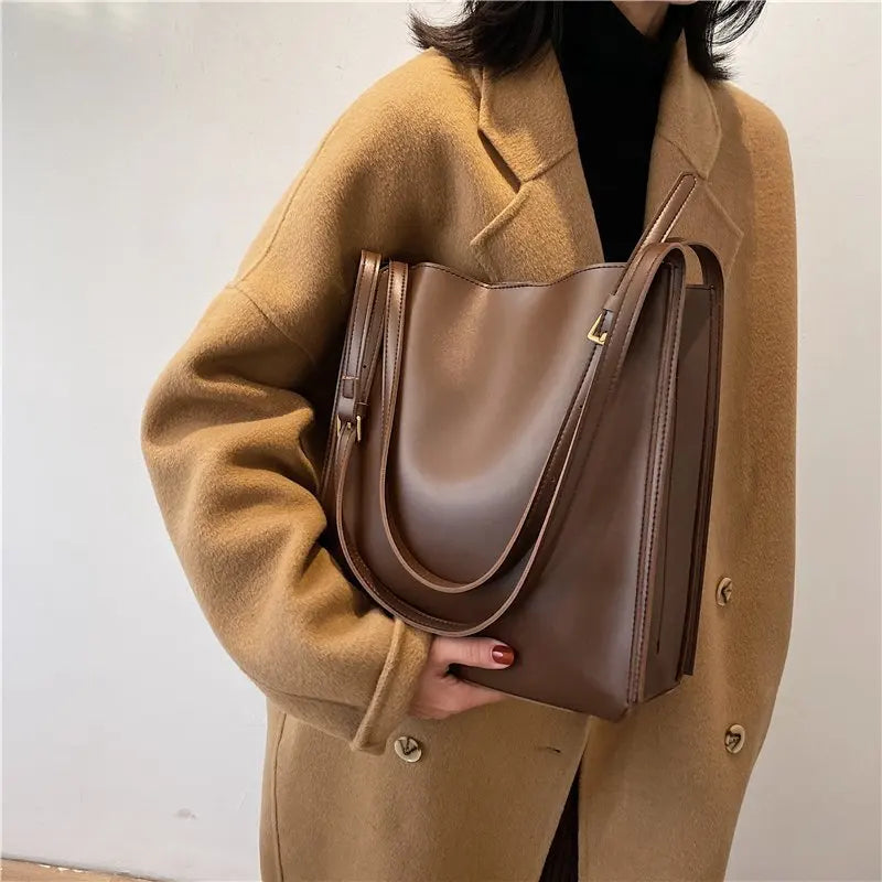 Vintage High Shoulder Bag Women PU Leather Tote Bags Ladies Hasp Handbag