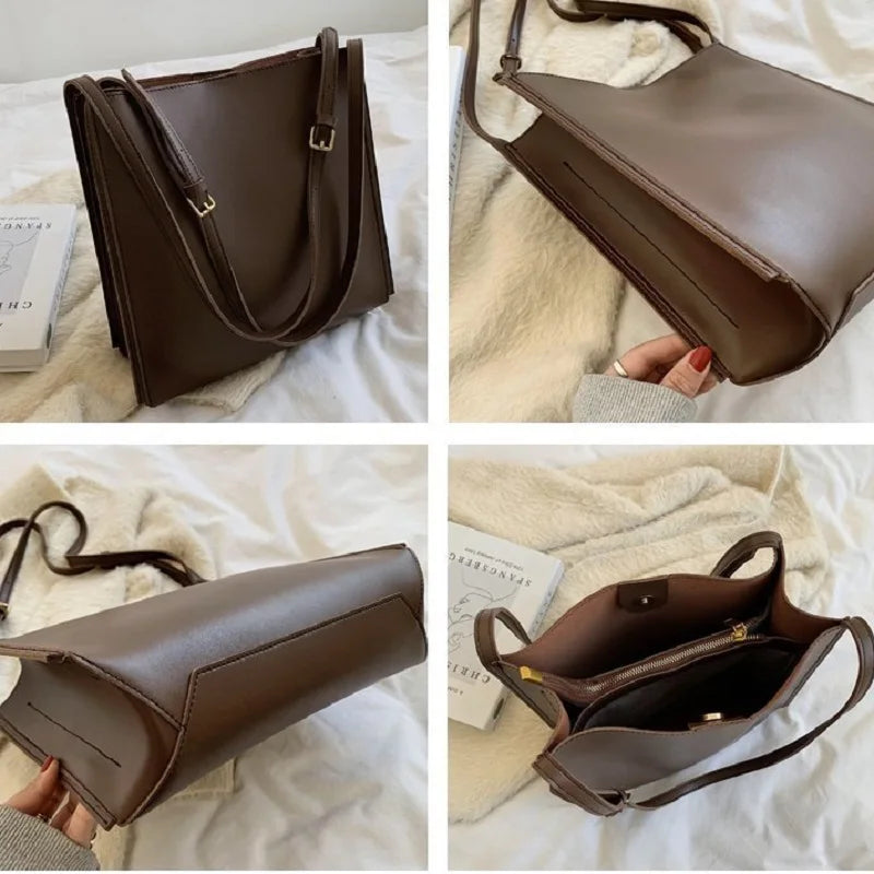 Vintage High Shoulder Bag Women PU Leather Tote Bags Ladies Hasp Handbag
