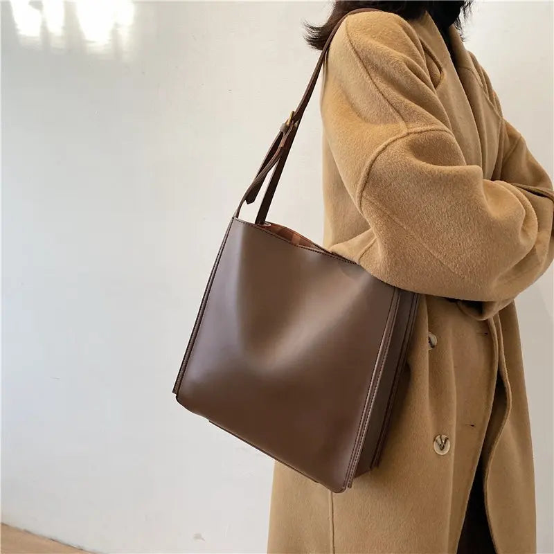 Vintage High Shoulder Bag Women PU Leather Tote Bags Ladies Hasp Handbag