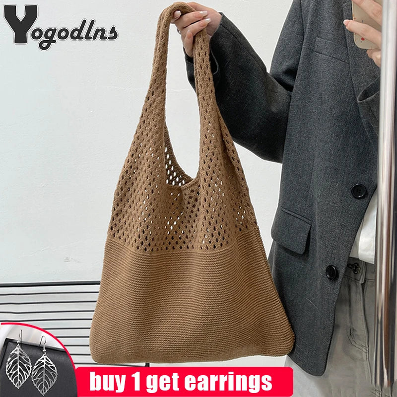 Vintage Hollow Woven Underarm Shoulder Bag Knitted Handbag for Women