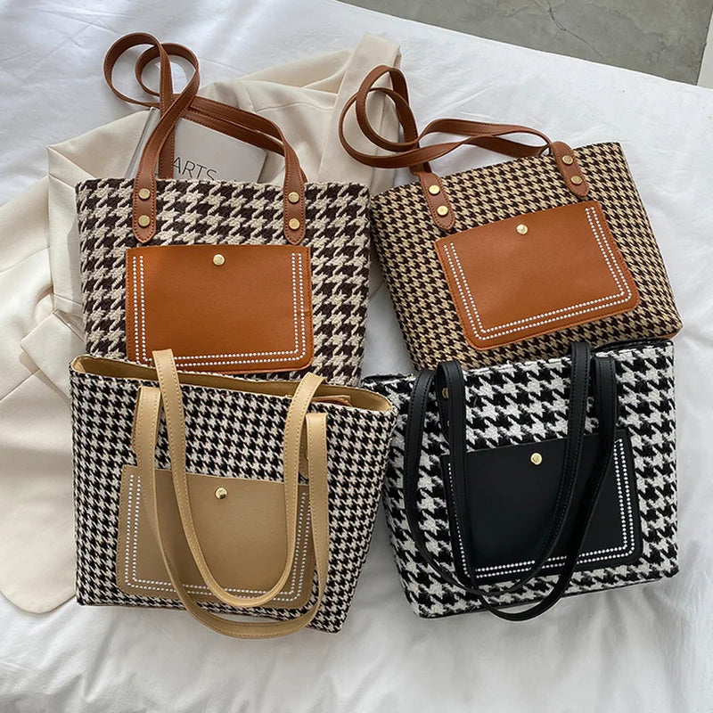 Vintage Houndstooth Shoulder Bags Patchwork Students Tote