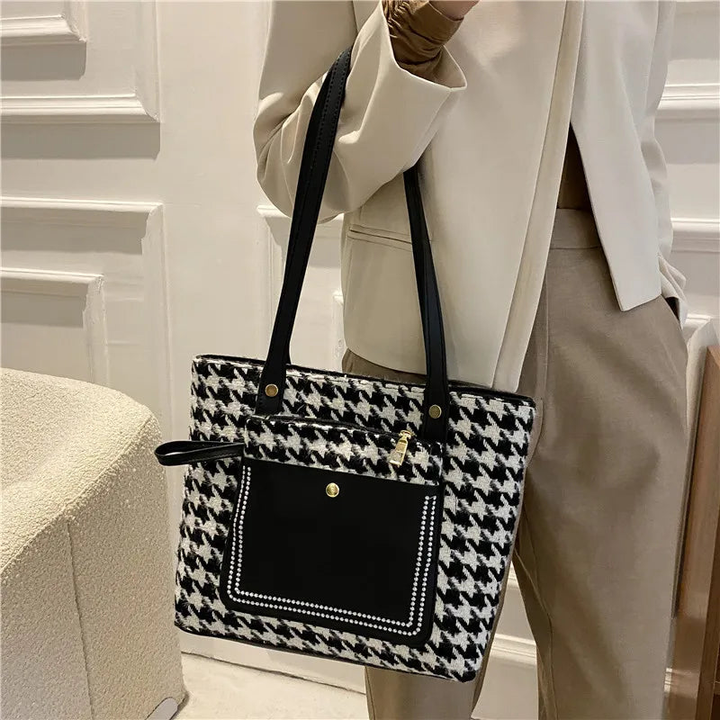 Vintage Houndstooth Shoulder Bags Patchwork Students Tote