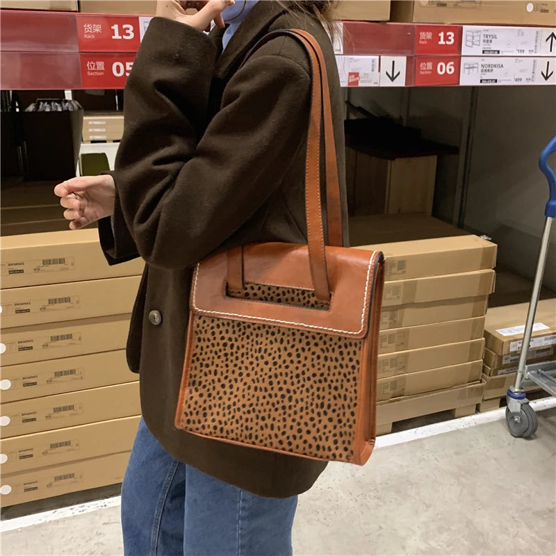 Vintage Leopard Pattern Women's Tote Shoulder Bag Large Capacity