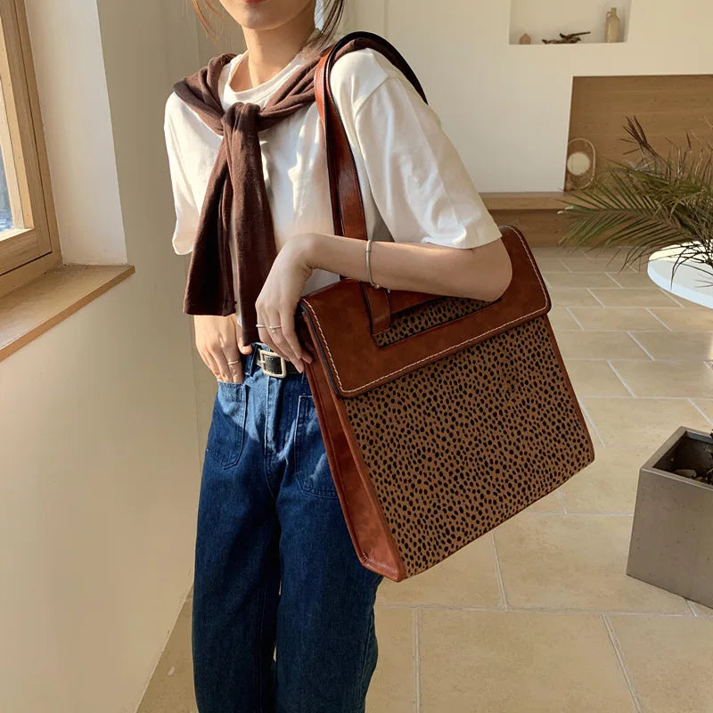 Vintage Leopard Pattern Women's Tote Shoulder Bag Large Capacity