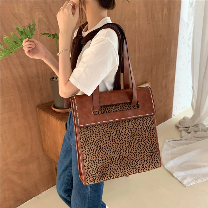Vintage Leopard Pattern Women's Tote Shoulder Bag Large Capacity