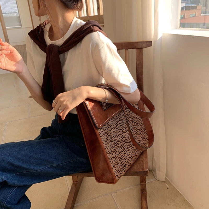 Vintage Leopard Pattern Women's Tote Shoulder Bag Large Capacity