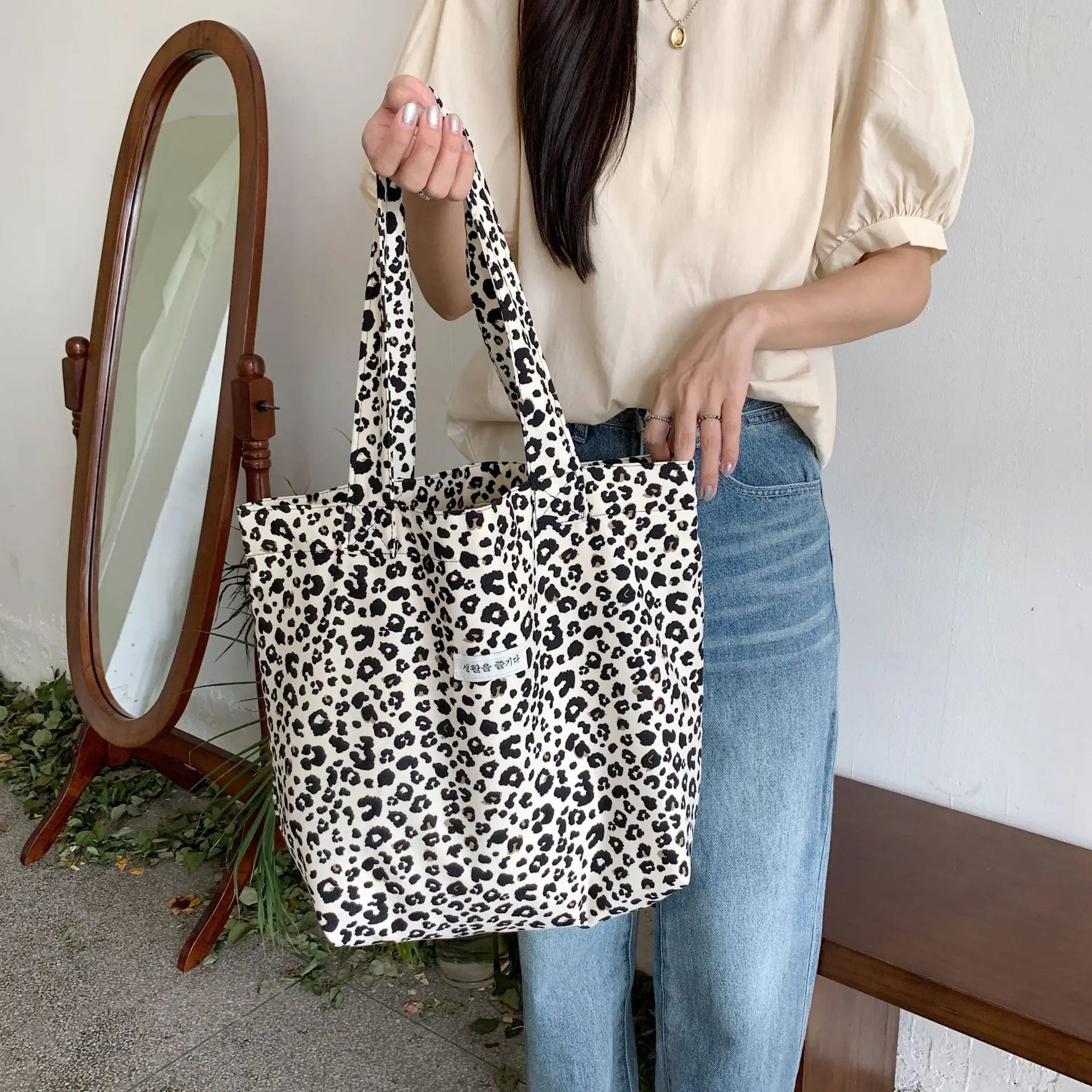 Leopard Print Canvas Shoulder Bag Women's Casual Large Capacity Shopping Bag