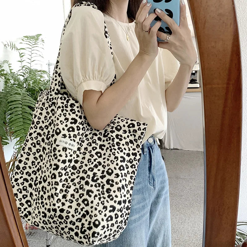 Leopard Print Canvas Shoulder Bag Women's Casual Large Capacity Shopping Bag