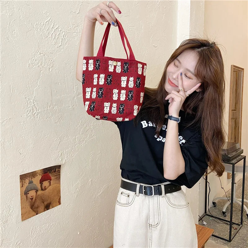 Vintage Lucky Cat Portable Lunch Bag for Women Girls Bento Handbags